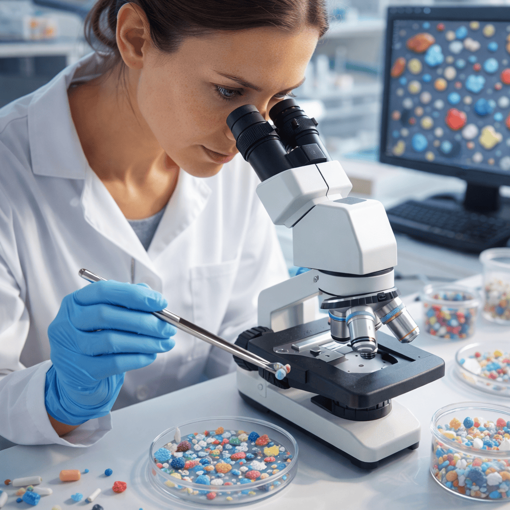 researcher analyzing microplastic samples to study microplastic in human body under microscope