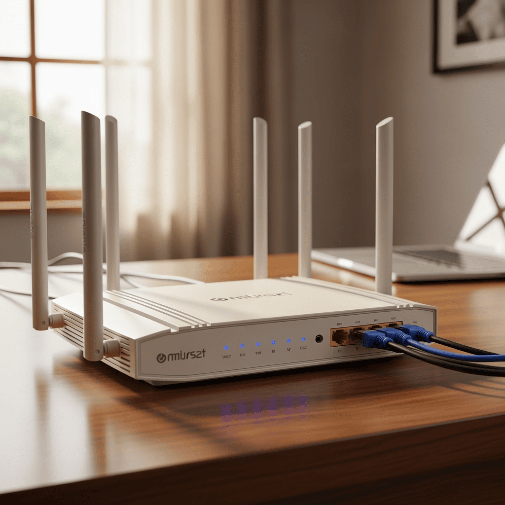 Router blanco con cables en escritorio de oficina.
