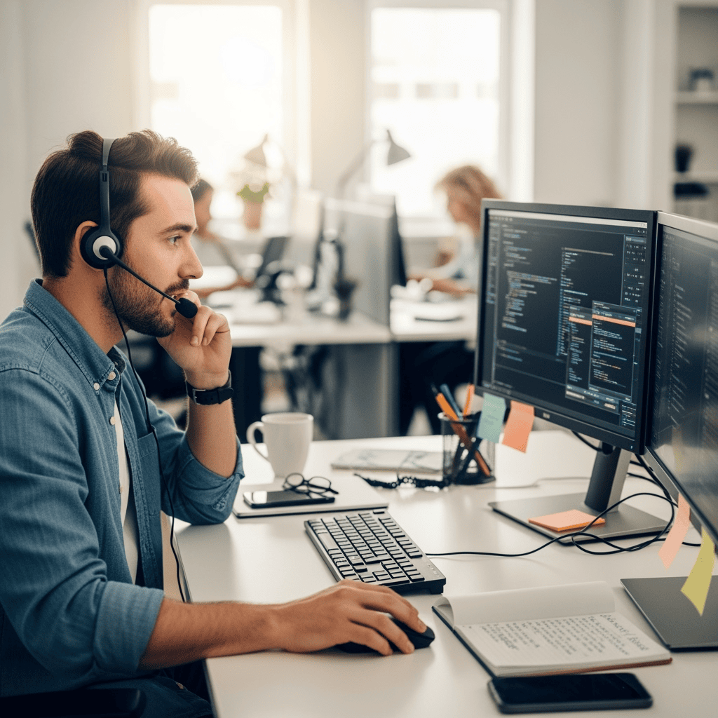 Hombre programador trabajando en oficina con auriculares.