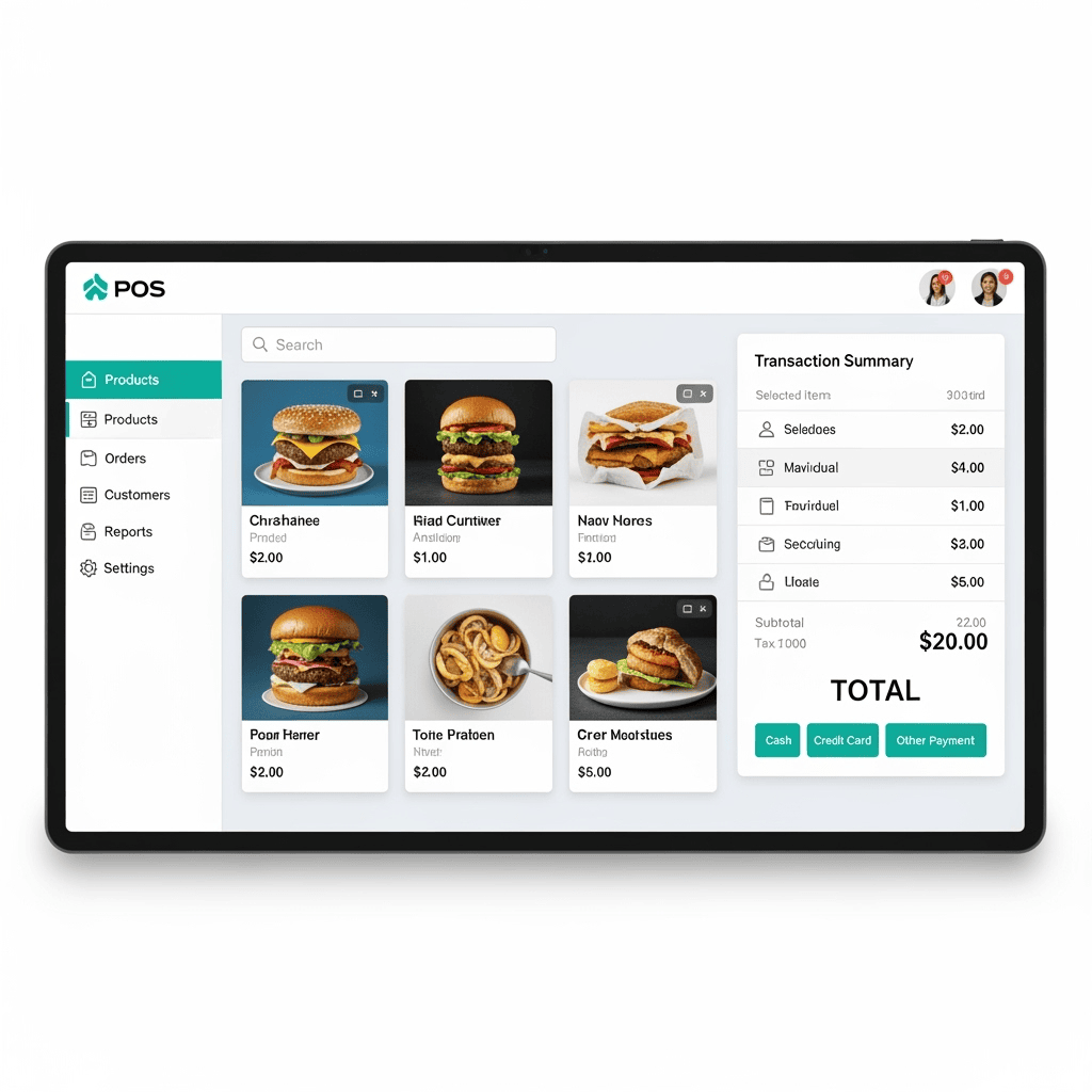 Interfaz de punto de venta con opciones de comida.