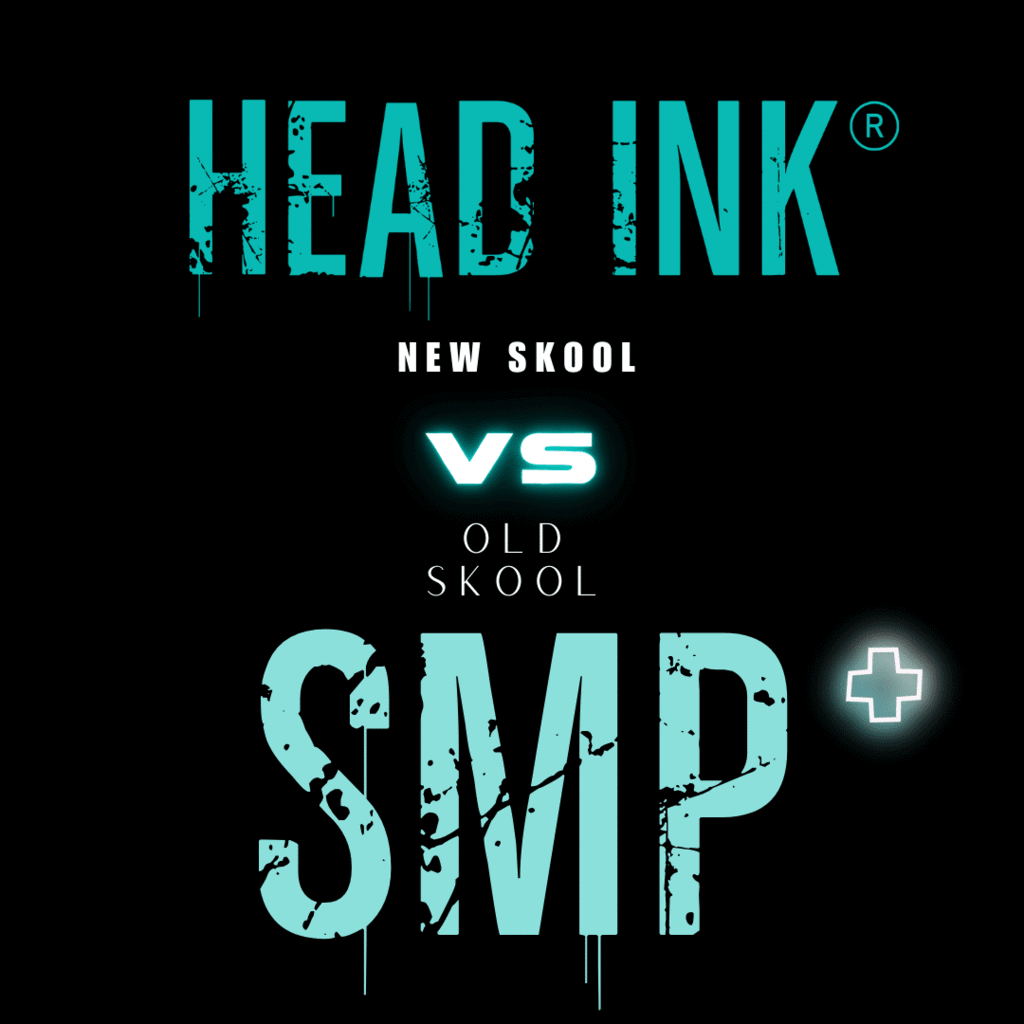 The image shows bold text in a distressed, graffiti-style font with a glowing, modern effect. The text is structured as follows: - At the top, it says "**HEAD INK®**" in large turquoise letters, with a slight dripping effect, giving it an edgy look. - Below it, the phrase "**NEW SKOOL VS OLD SKOOL**" appears, with "NEW SKOOL" in white and "VS" in a glowing turquoise font, while "OLD SKOOL" is in white. - The bottom of the image features the acronym "**SMP**" (which stands for Scalp Micropigmentation), also in large turquoise letters with a similar distressed, dripping effect. A glowing "+" sign is placed to the right of "SMP." The image has a black background, which makes the turquoise and white text pop vibrantly, emphasizing a modern, cutting-edge feel versus a more traditional approach. This image likely represents a comparison between newer and older techniques in Scalp Micropigmentation (SMP).