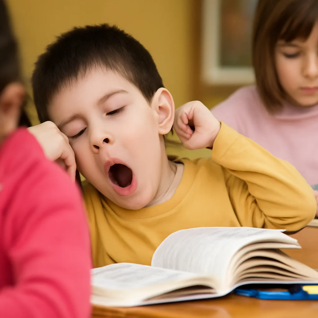 Child in a yellow long-sleeve shirt sitting at a desk with an open book, appearing to fidget and look away while classmates work nearby