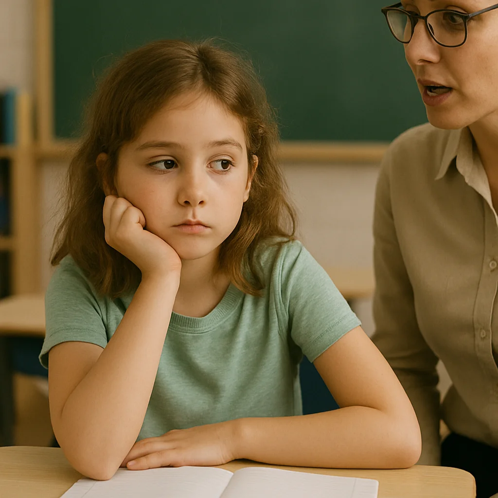 Young girl in a green t-shirt sitting at a classroom desk with an open book, resting her head on her hand, while an adult sits beside her.