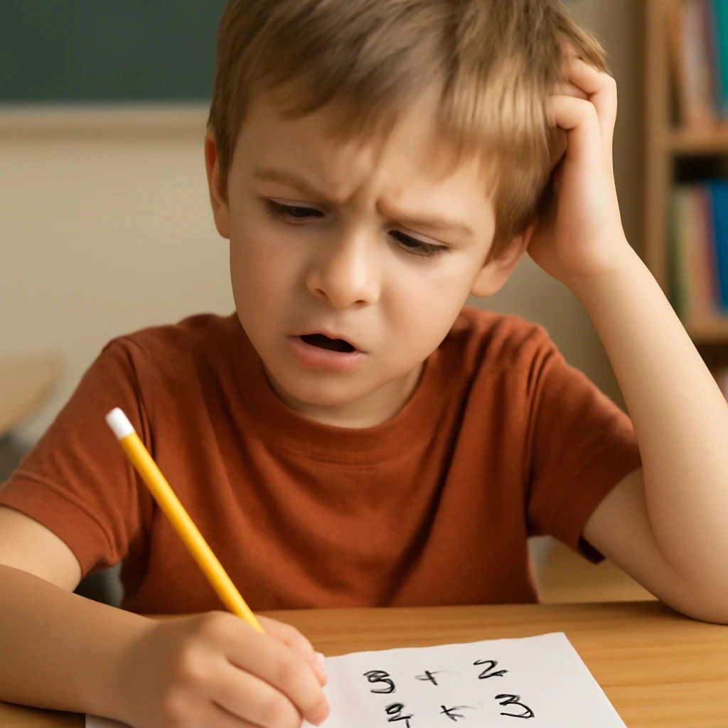 Child sitting at a desk, holding a pencil and working on a math worksheet, appearing thoughtful and focused