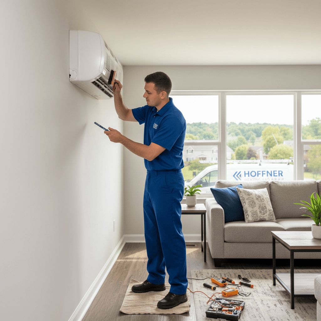 Hoffner Heating and Air professional performing AC maintenance in a Monroeville, PA home.