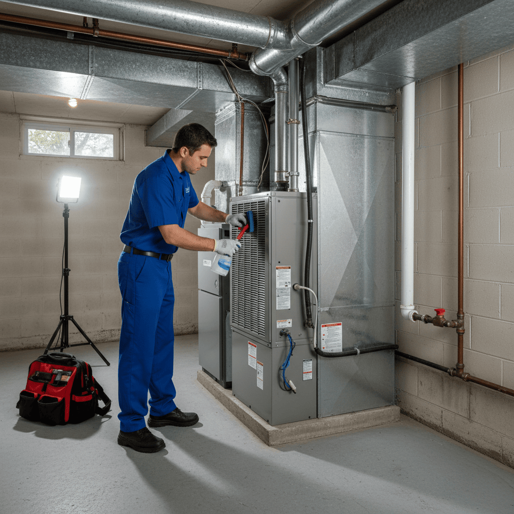 Hoffner Heating and Air professional performing AC maintenance in a Monroeville, PA home's basement.