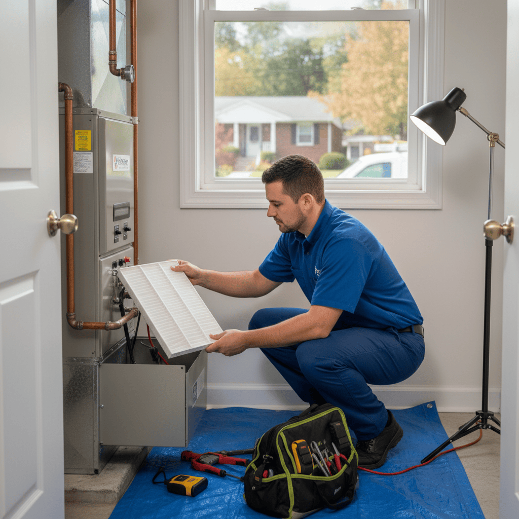 Hoffner Heating and Air professional performing AC maintenance for a Monroeville, PA client.