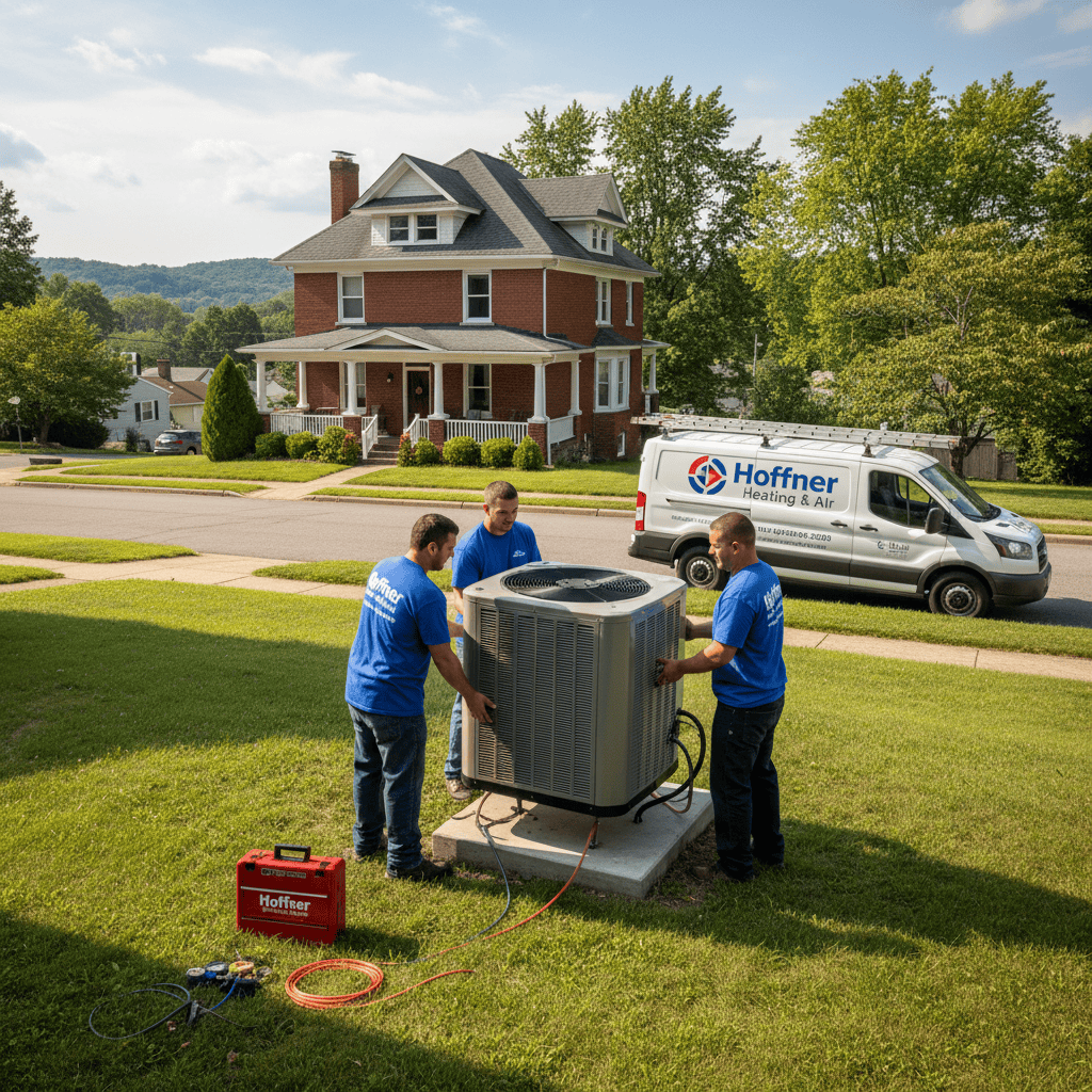 Hoffner Heating and Air team installing new air conditioning unit in Pitcairn, Western Pennsylvania.