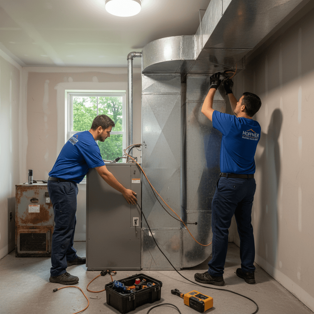 Hoffner Heating and Air team replacing an HVAC system in a Western Pennsylvania home near Pitcairn.