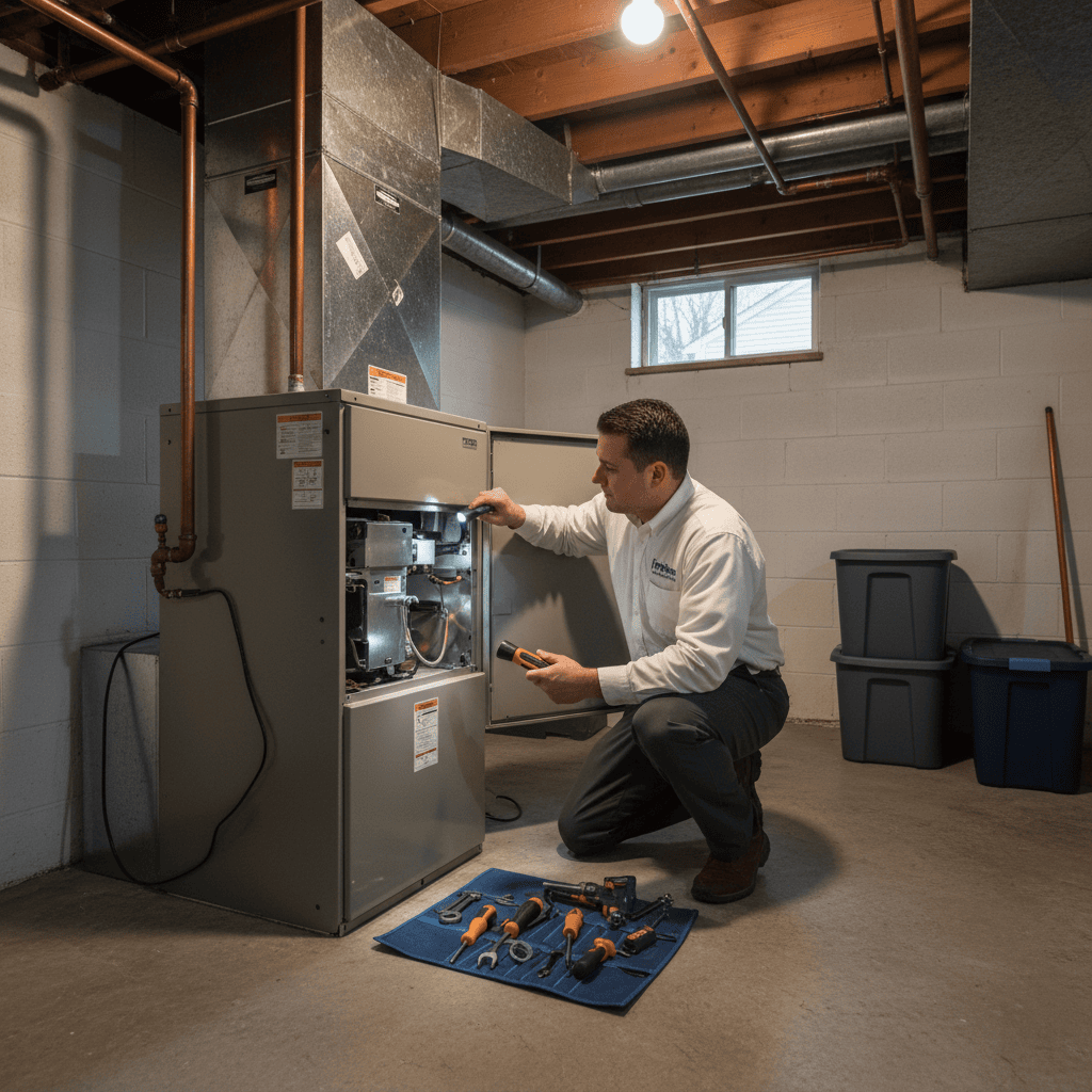 Hoffner Heating and Air technician inspecting a furnace in a Pitcairn, Western Pennsylvania home.
