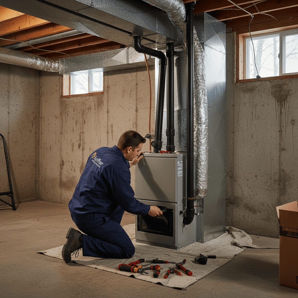 Hoffner Heating and Air technician installing a new furnace in a Pitcairn, PA home.