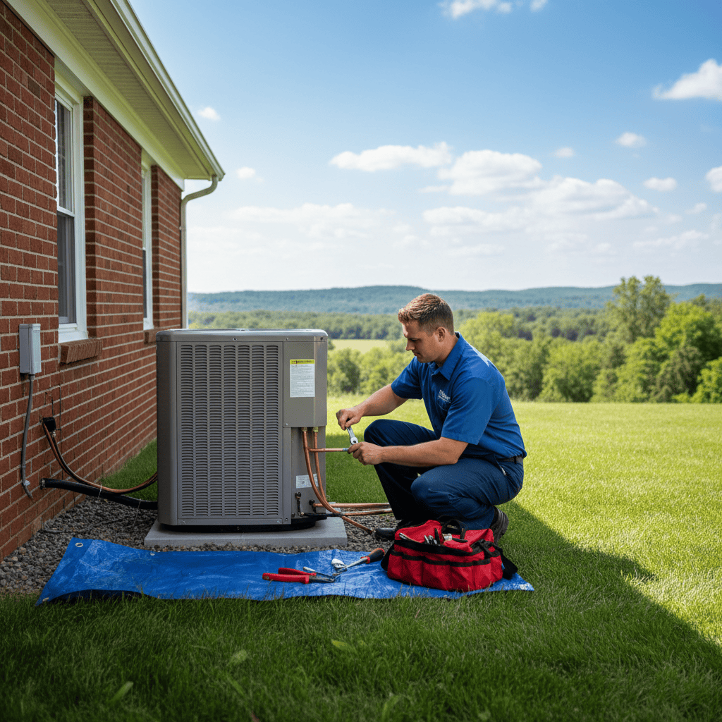 Hoffner Heating and Air technician installing an outdoor AC unit in Western Pennsylvania.