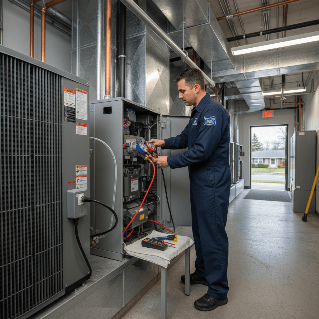 Hoffner Heating and Air technician performing HVAC maintenance in a Monroeville, PA business.
