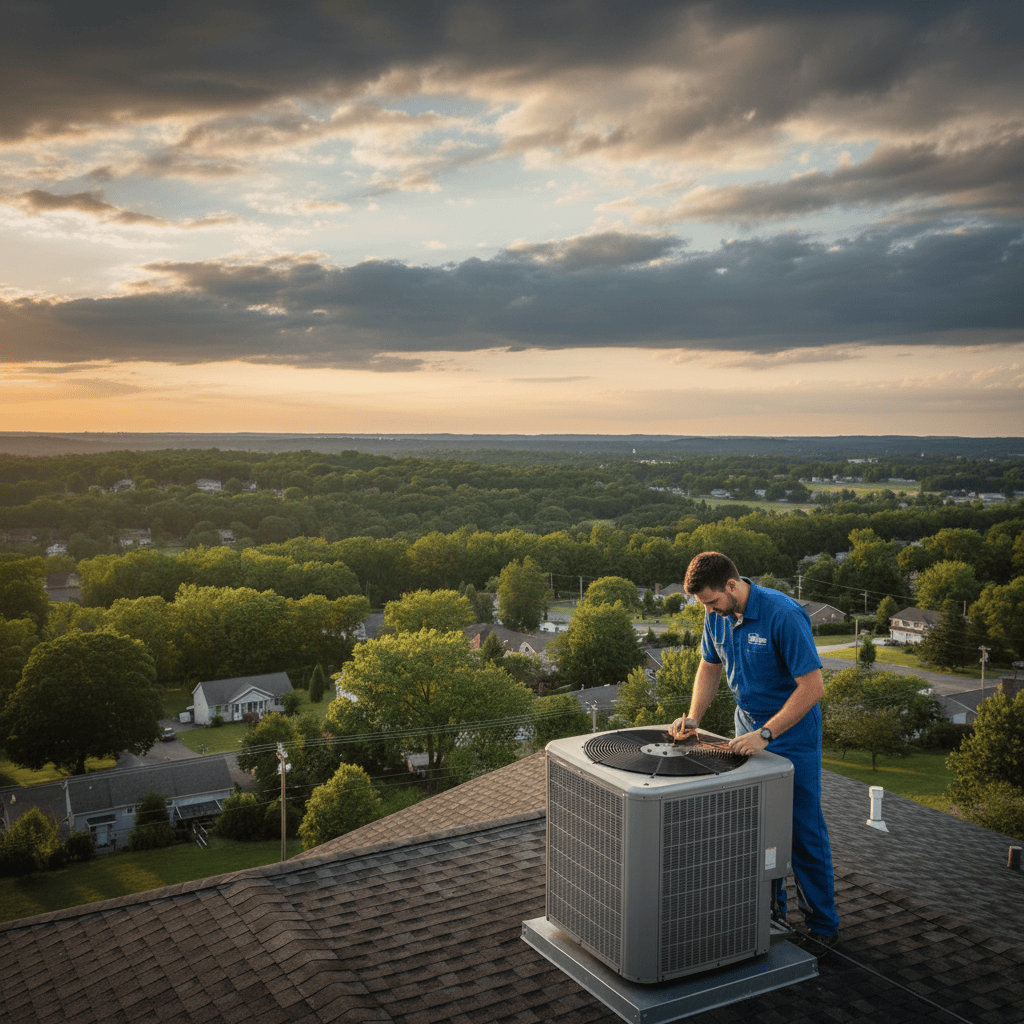 Hoffner Heating and Air technician repairing a residential AC unit in Monroeville, Western Pennsylvania.