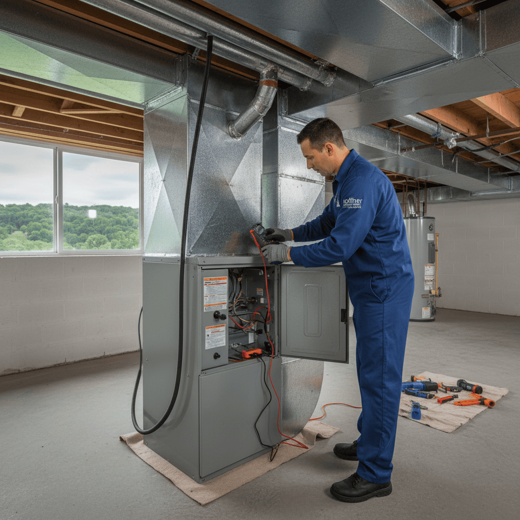 Hoffner Heating and Air technician servicing a modern furnace in a Western Pennsylvania home.