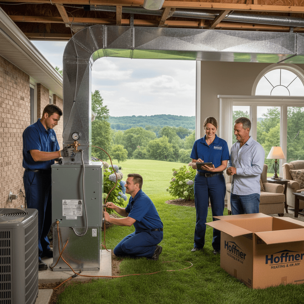 Hoffner Heating and Air technician servicing an outdoor AC unit in a Western Pennsylvania home.