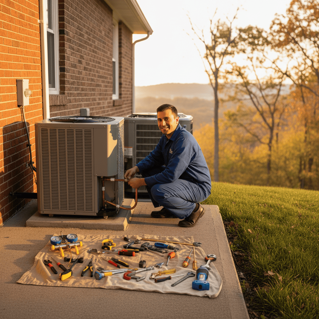 Hoffner Heating and Air technician servicing an outdoor HVAC unit in a residential backyard in Western Pennsylvania.