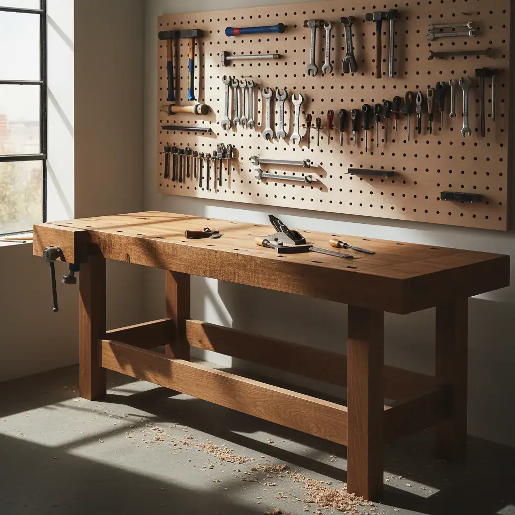 Werkbank selber bauen: Anleitung für Heimwerker 1 Massive Holzwerkbank in einer Werkstatt mit Werkzeug an der Wand