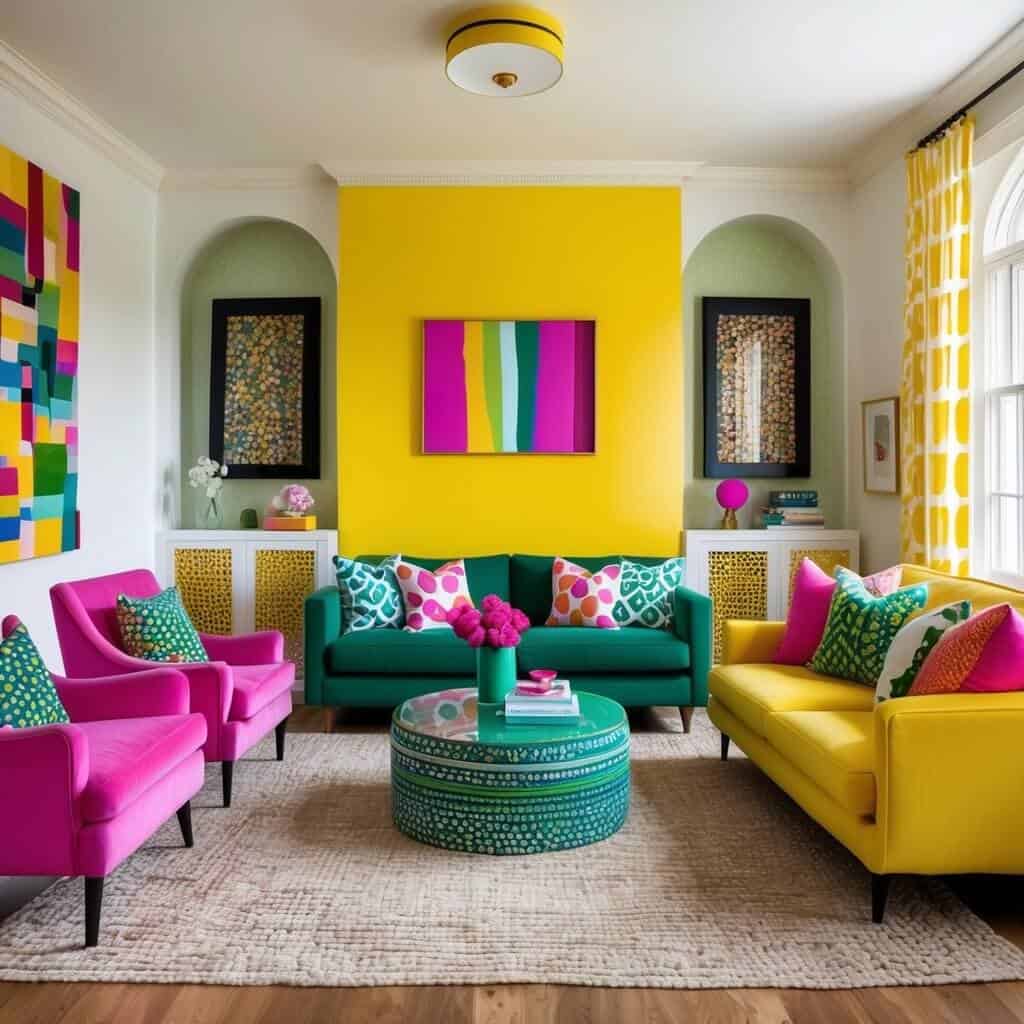 Choose a statement wall – Paint one wall in a bold pop of color like sunshine yellow, electric blue, or vibrant coral.
Mix and match furniture – Forget matching sets! Pair a velvet emerald green couch with a bright pink armchair for an eclectic, maximalist feel.
Add playful patterns – Incorporate patterned rugs, quirky wallpaper, or a mix of geometric and floral throw pillows.
Layer with textures – Velvet cushions, woven rugs, and glossy decor pieces can add depth to the space.
Embrace statement art – Oversized prints, neon signs, or a gallery wall of colorful paintings bring personality and joy.