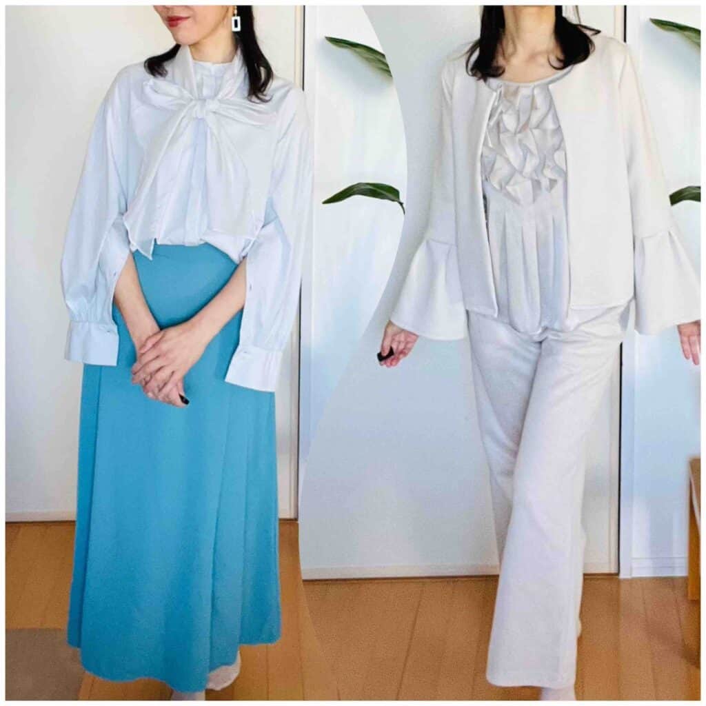 プロコーデの洋服を2パターンで試着している女性