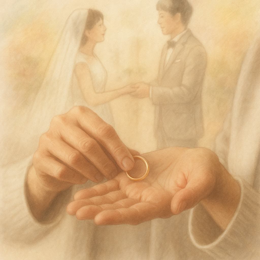 若い頃の結婚式の思い出を背景に結婚指輪を手のひらにのせてる