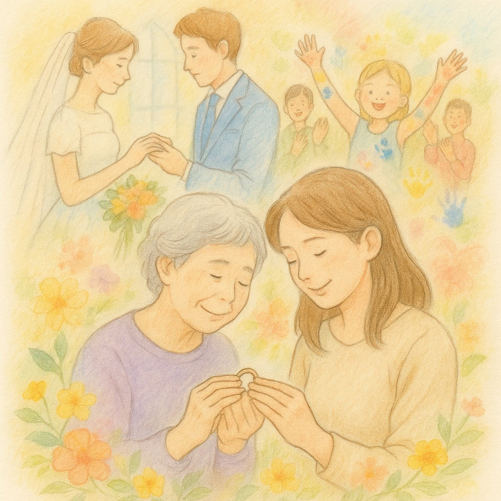 結婚式の思い出と娘や孫に指輪のリレーをしているイメージイラスト