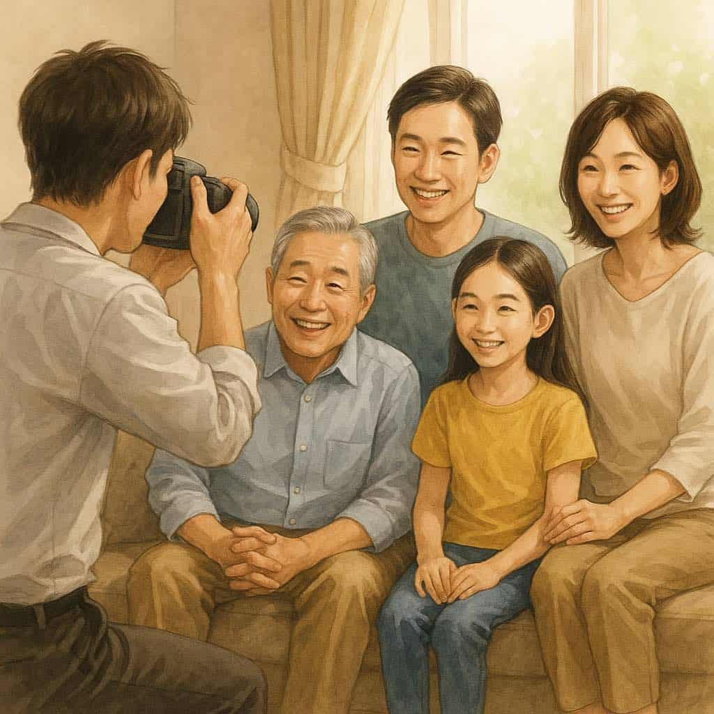 家族が集まって写真撮影をしているイラスト