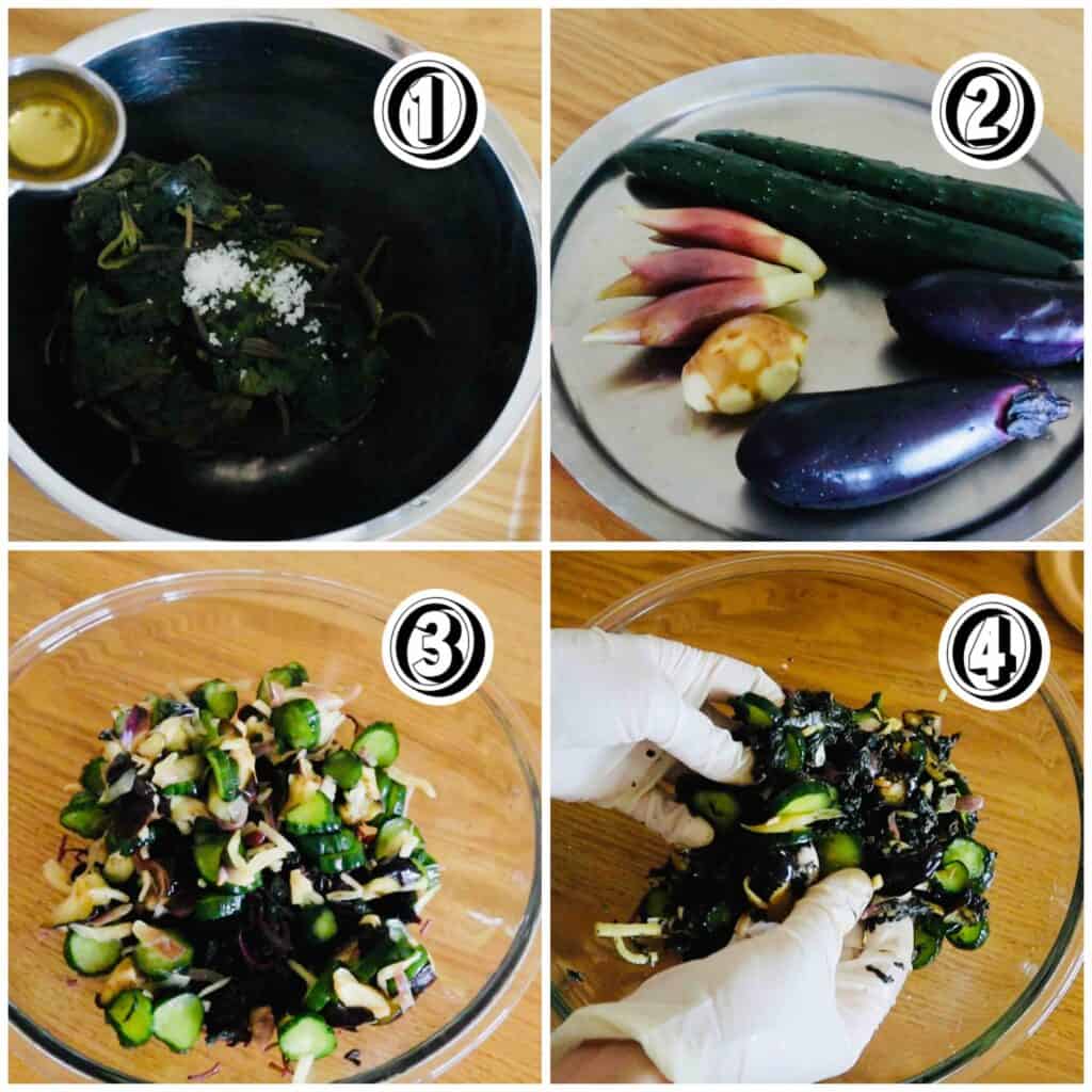 赤紫蘇ジュースで残った葉を使った即席しば漬けの作り方(調味、野菜の準備、和え、混ぜ)の4ステップ工程写真。