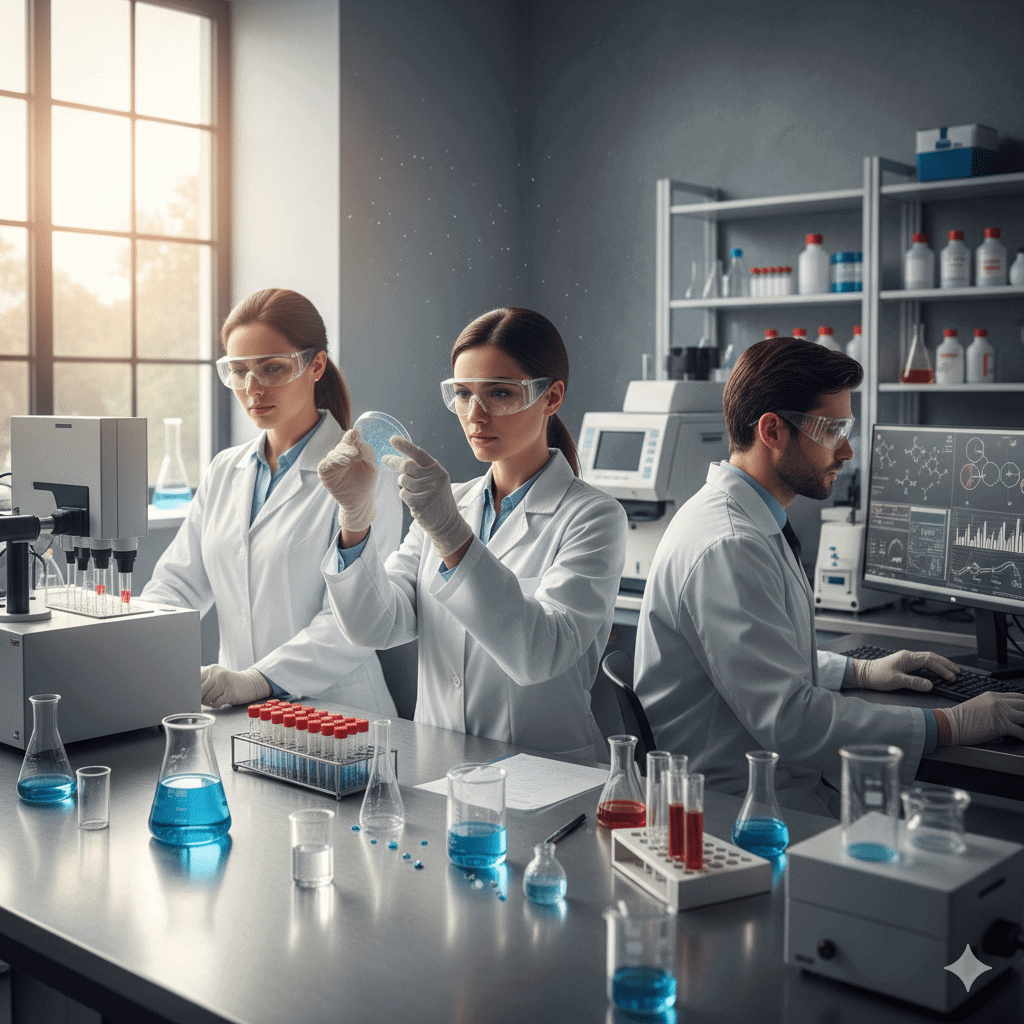 An ai generated group of scientists, 2 women and one man, studying chemicals, blue liquid, and possibly ivermectin