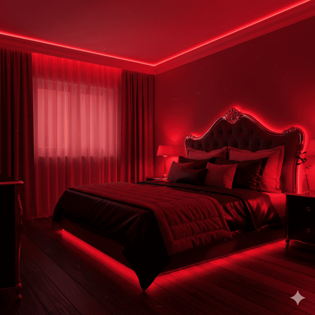 A sexy bedroom draped in red led light