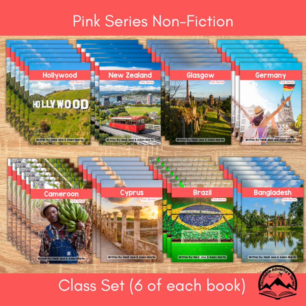 Decodable Adventure Series - Pink Non-Fiction Class Set - Tricky Y, Diphthongs, & More!