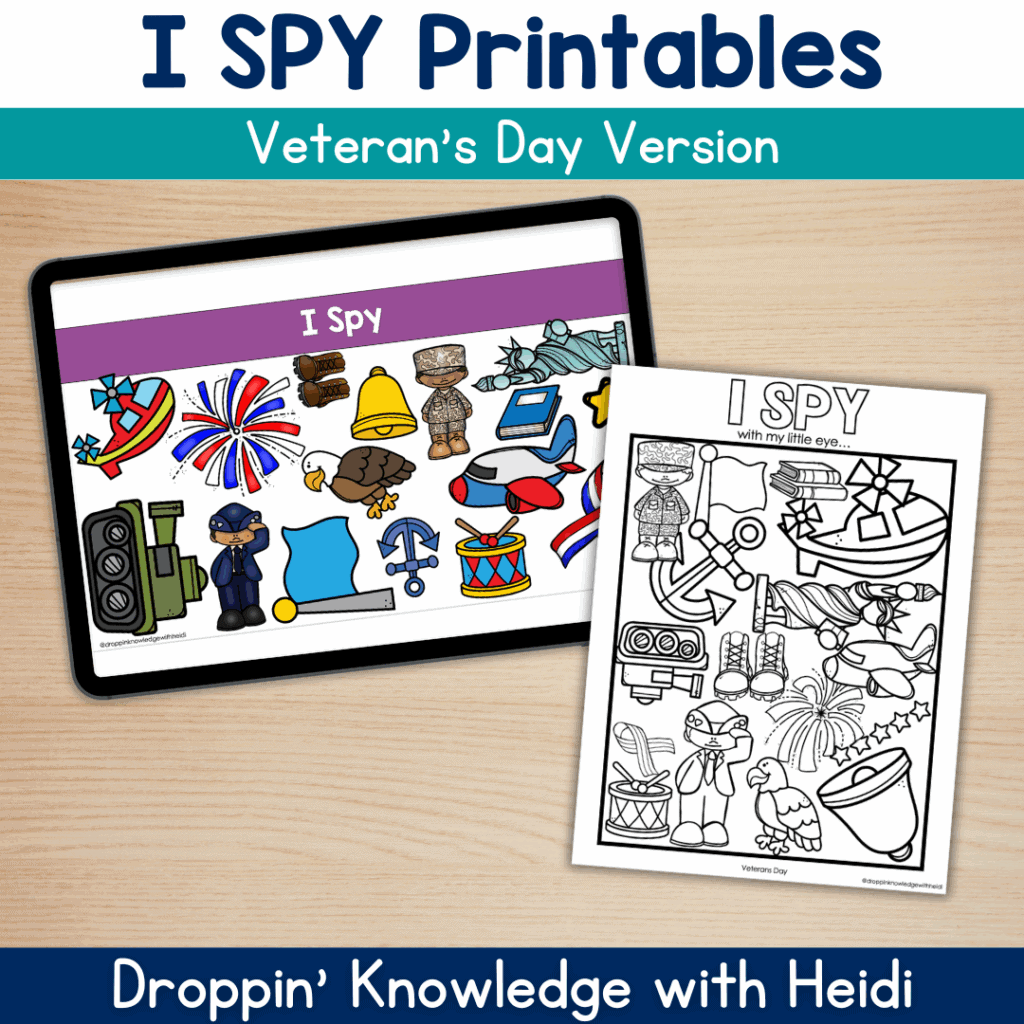 I SPY Game Phonemic Awareness Veteran's Day - Beginning Sounds Syllables Rhyming