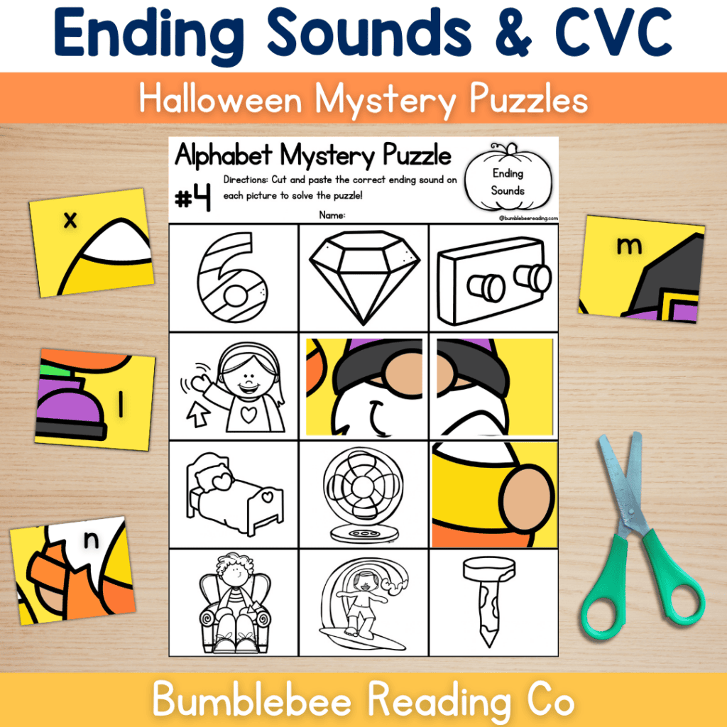 Halloween Phonics CVC Words & Beginning Sounds Mystery Puzzle Decoding