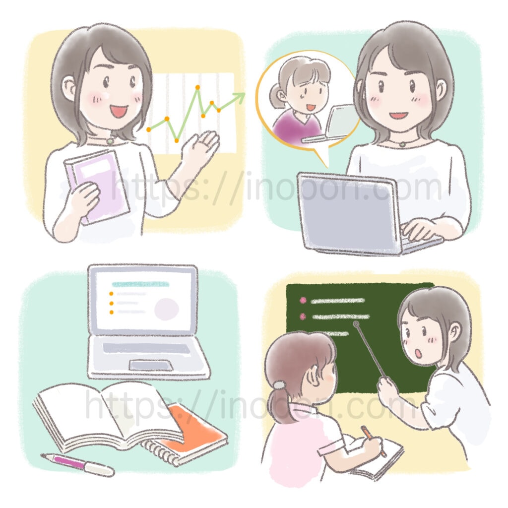 女性講師が生徒に指導しているイラスト