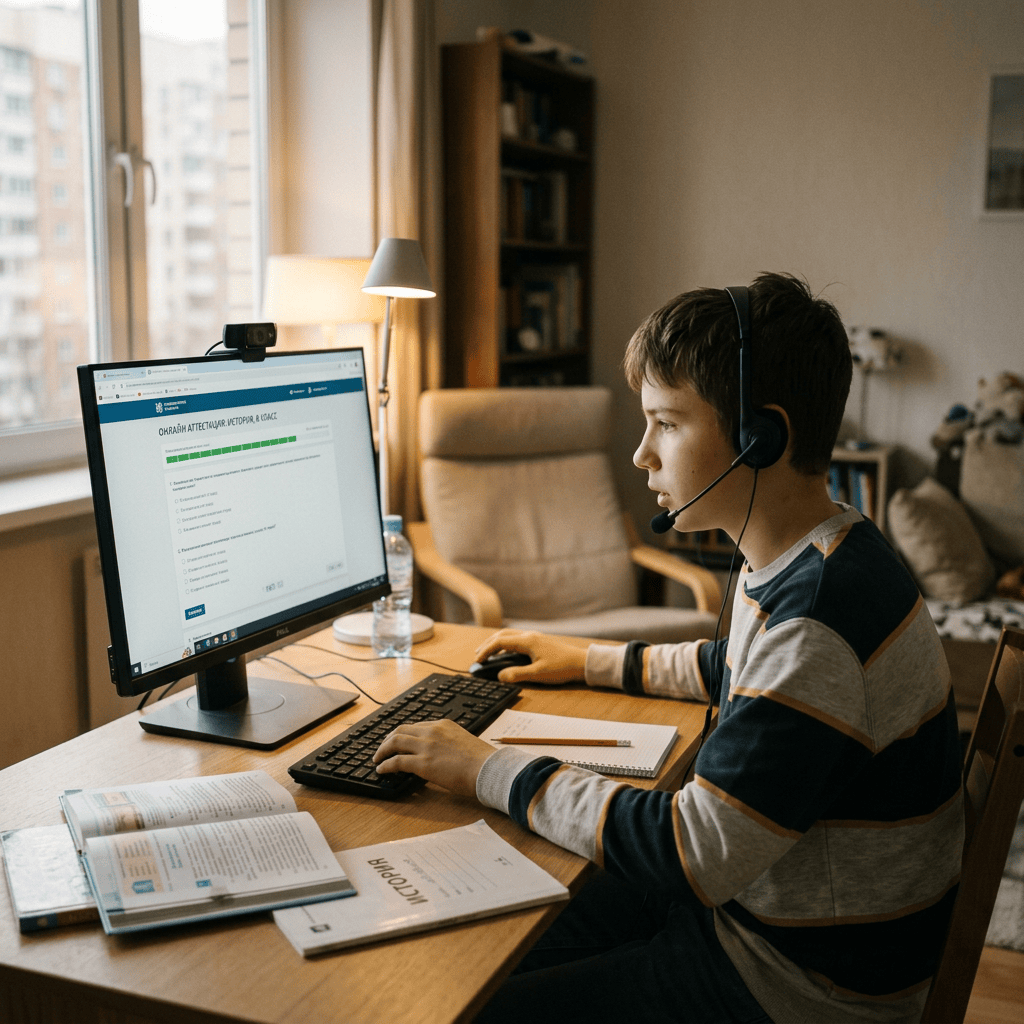 Young student wearing headset working on an online quiz on computer