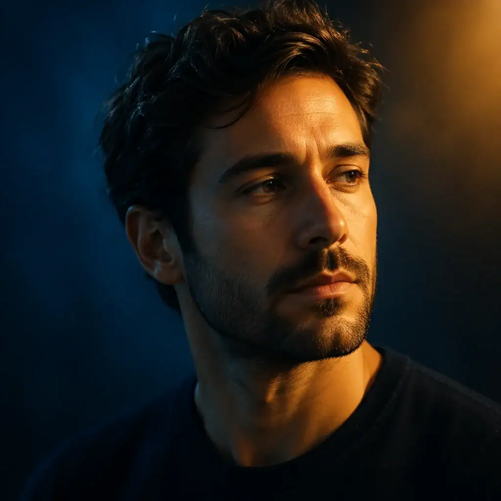 Person in a quiet moment of introspection, face softly split between cool blue shadow and warm golden light, capturing emotional awareness before reaction