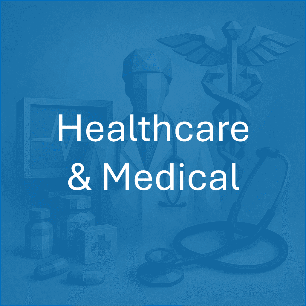 Healthcare and medical industry illustration featuring a stethoscope, caduceus symbol, medicine bottles, pills, and a monitor with a heartbeat graph, overlaid with the text Healthcare & Medical.