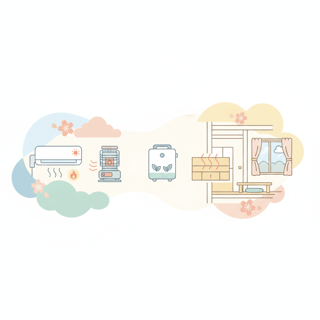 複数の空調システムのアイコンが並んでいる比較イメージのイラスト