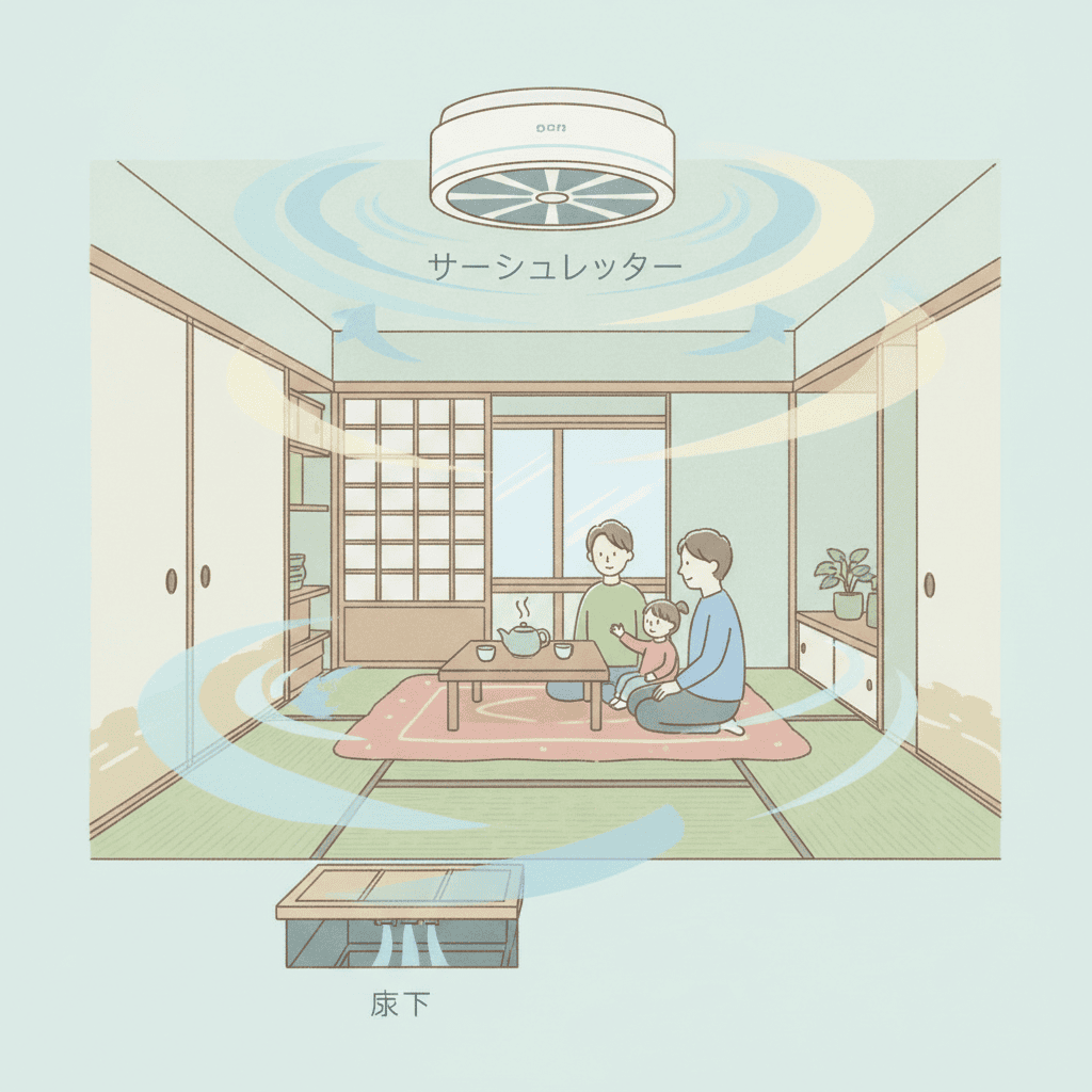 床下から冷気が広がり天井のサーキュレーターが空気を循環させている様子のイラスト