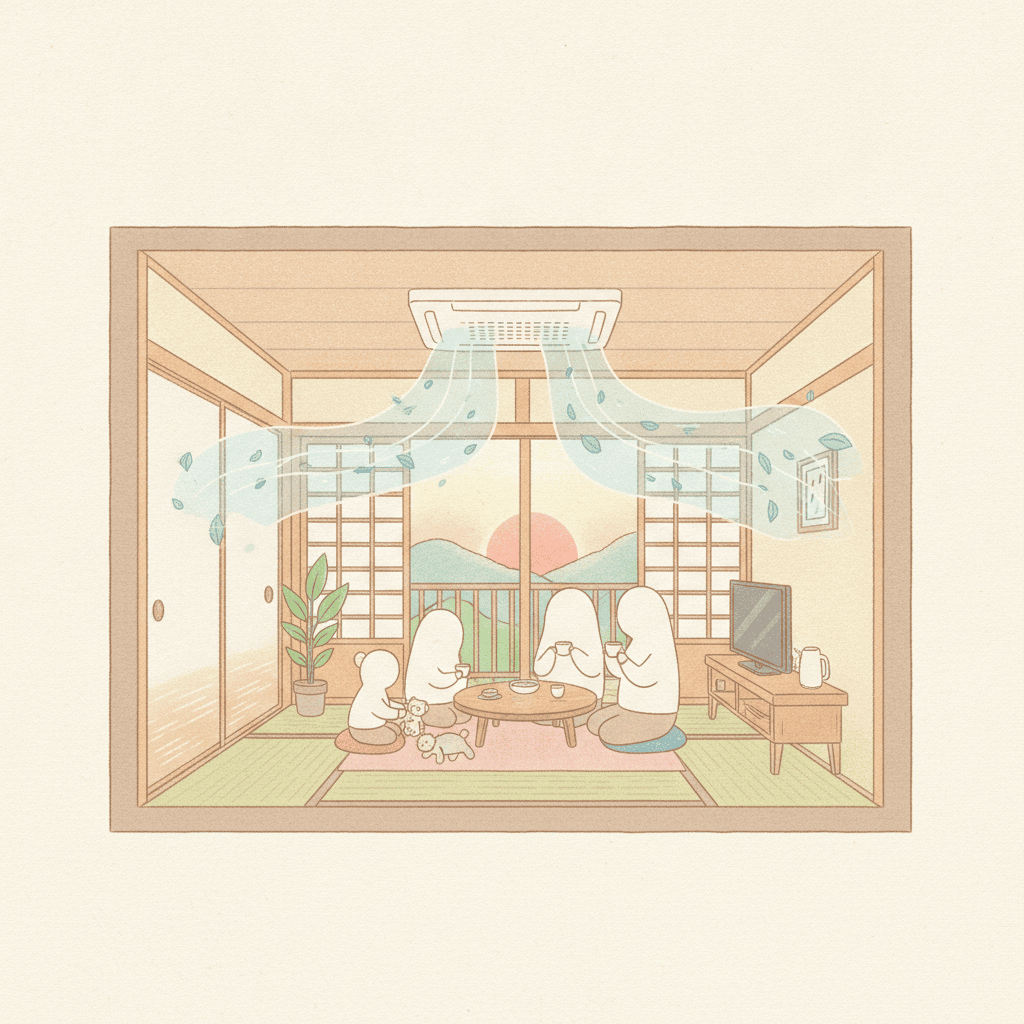 天井に埋め込まれたエアコンから風が広がっている家のイラスト