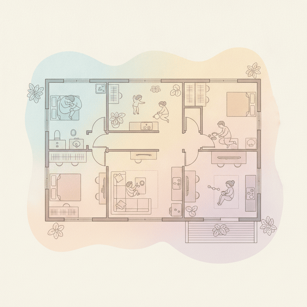 平屋の間取り図の上に温度差を表す色のグラデーションが乗っているイラスト