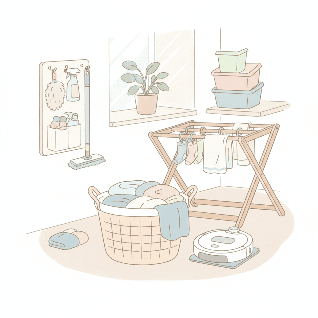 家事をラクにする工夫を表す小物やアイテム（洗濯かご、室内干しスタンドなど）のイラスト