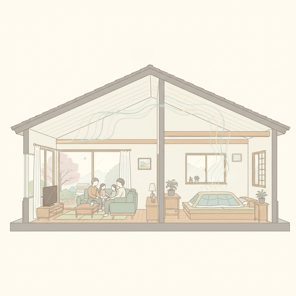 平屋の断面図で、リビングの音が天井づたいに寝室まで伝わっていく様子を表したイラスト