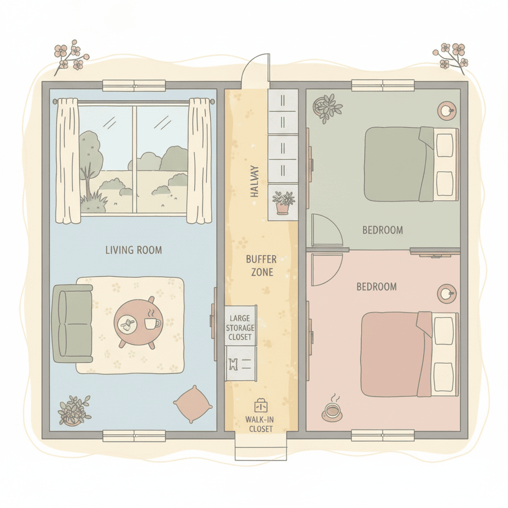 リビングと寝室の間に廊下や収納スペースが緩衝帯として配置されている間取り図のイラスト
