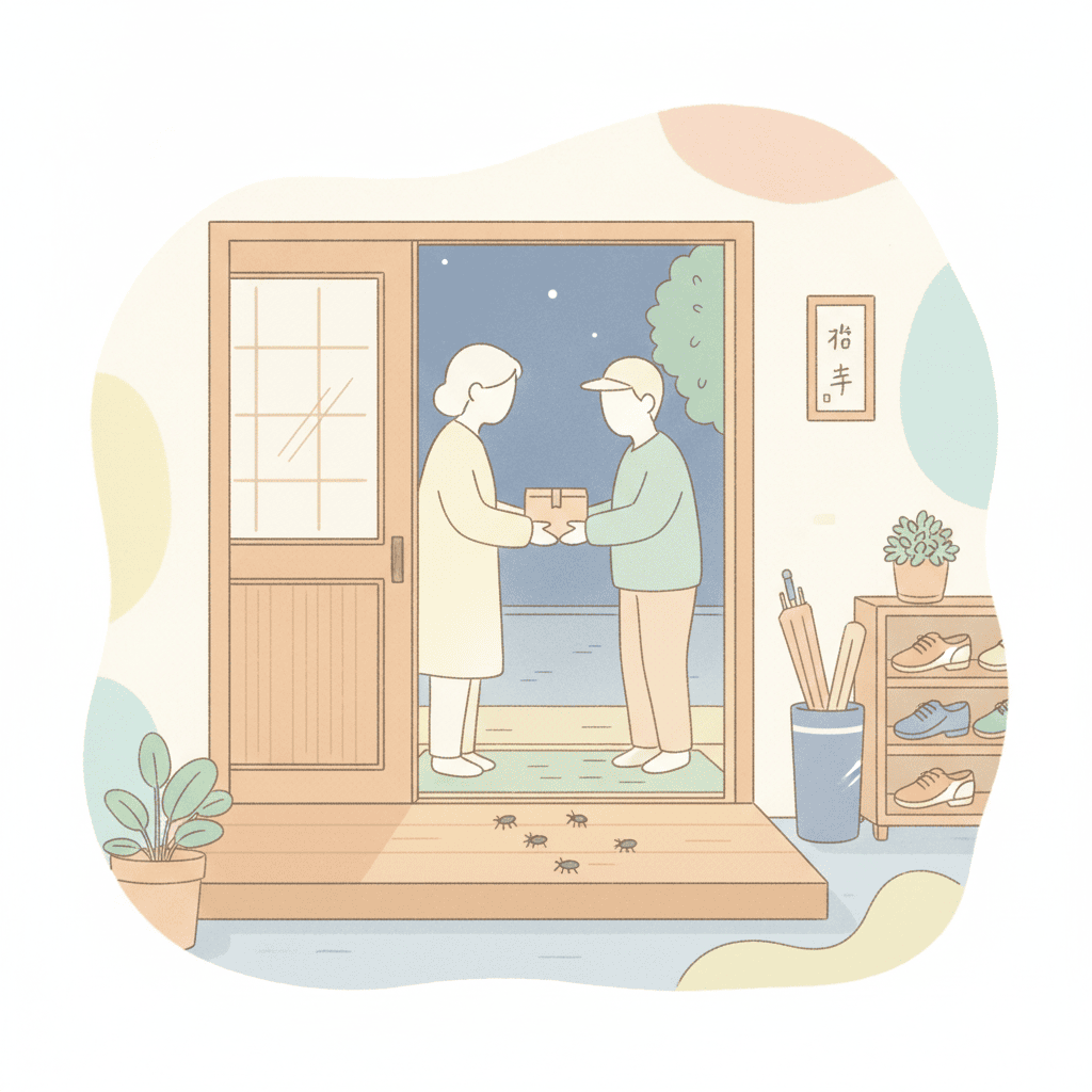 夜、玄関のドアを開けたまま宅配便を受け取っている親と、床に小さな虫が数匹いる様子をやわらかいタッチで描いたイラスト