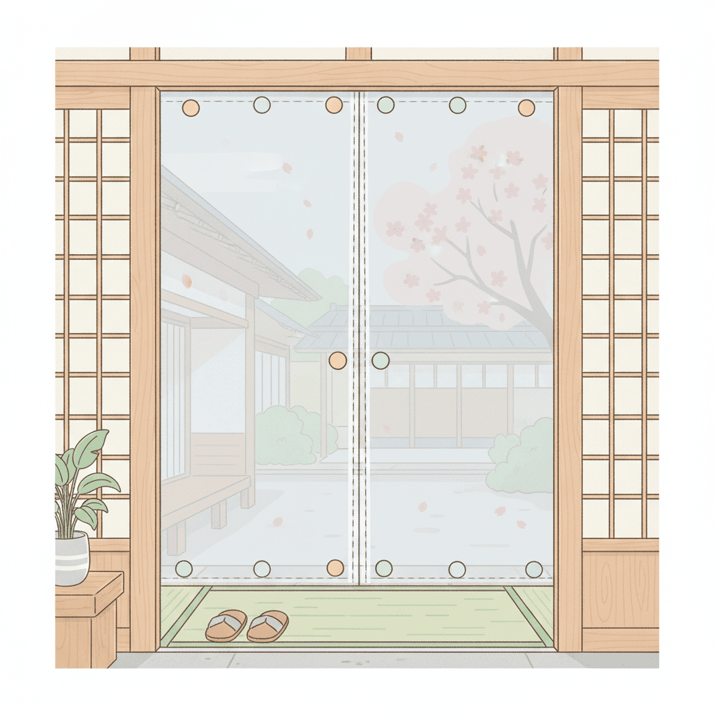 玄関の枠に取り付けられたマグネット式の網戸カーテンを、やわらかいイラストタッチで描いたもの