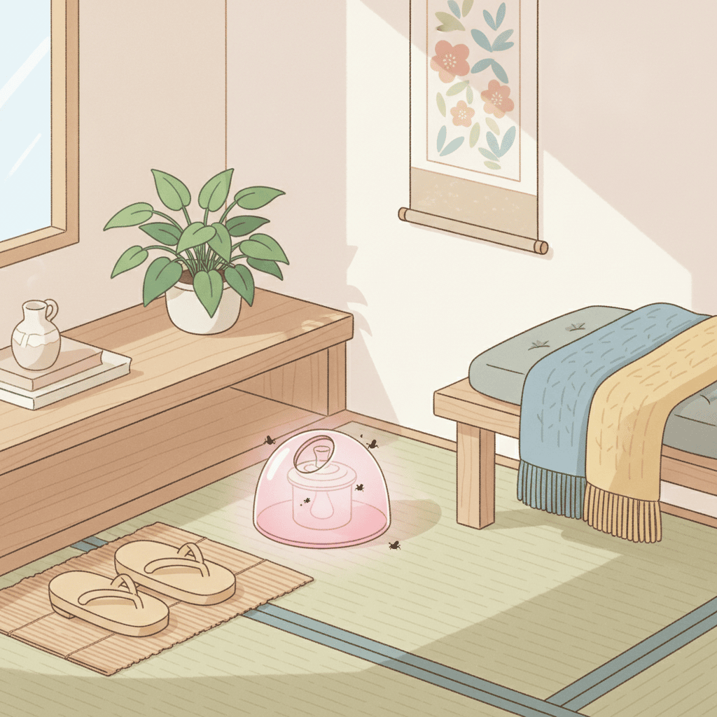 玄関の隅にさりげなく置かれた小さなコバエ取りのやわらかいイラスト