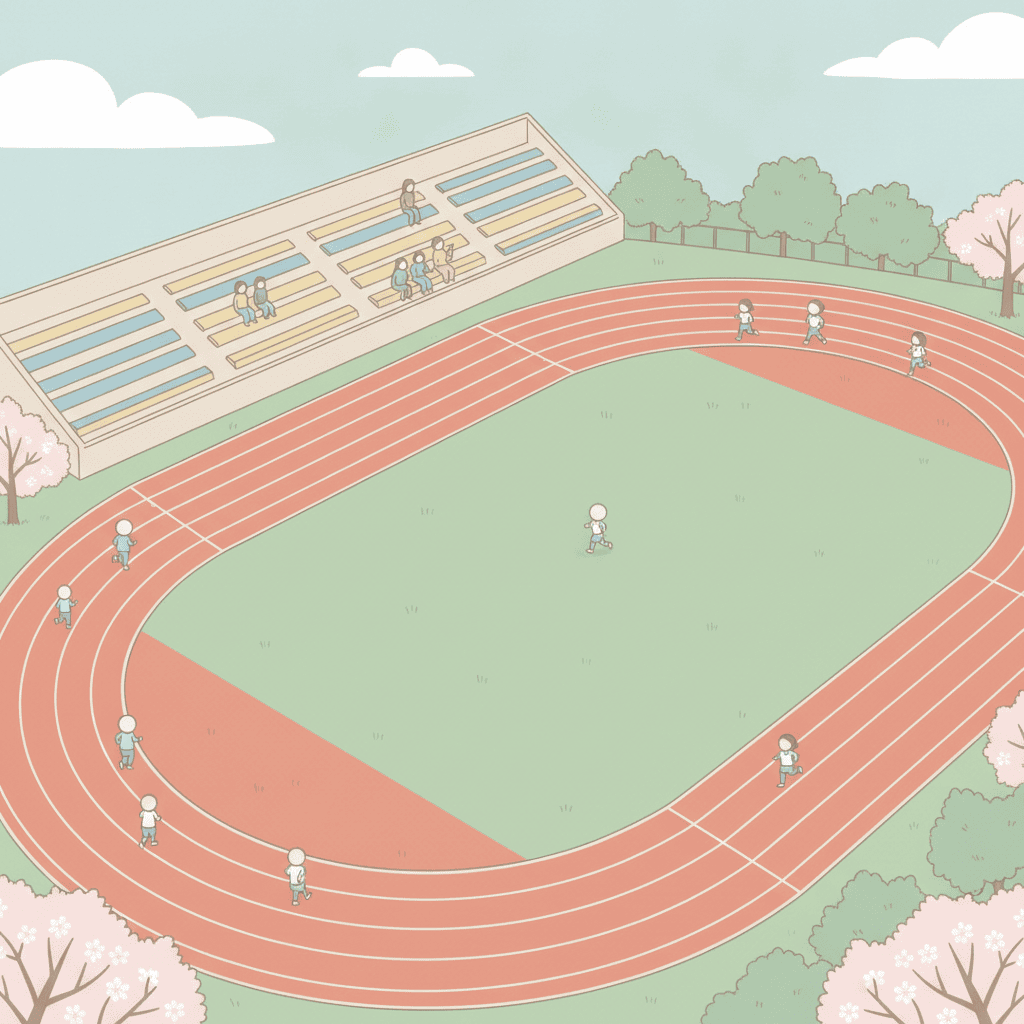 運動場のトラックと、遠くにいる子どもと保護者席の距離感がわかる俯瞰イラスト