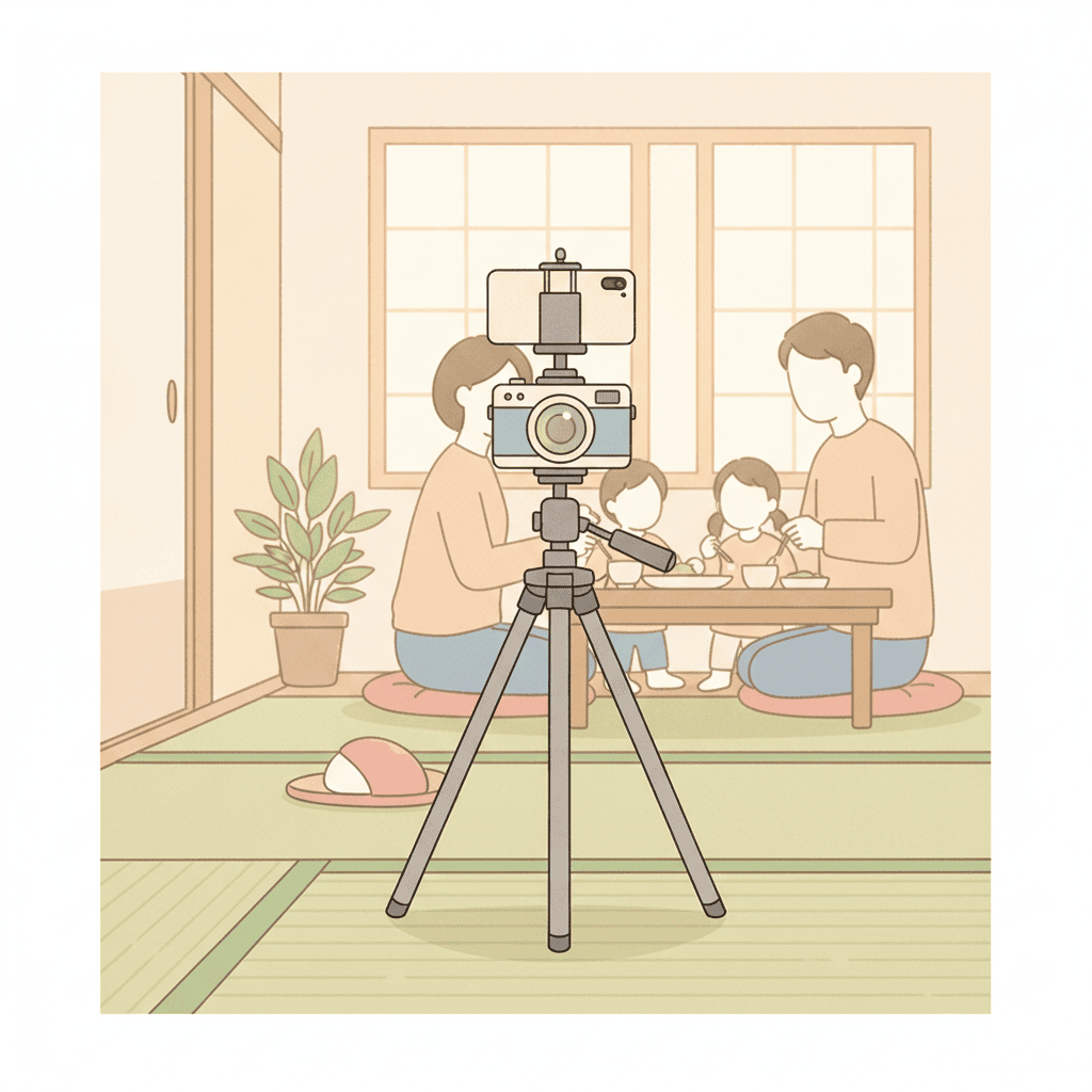 保護者席の足元に自立させた一脚と、そこにスマホやカメラを固定している様子のイラスト