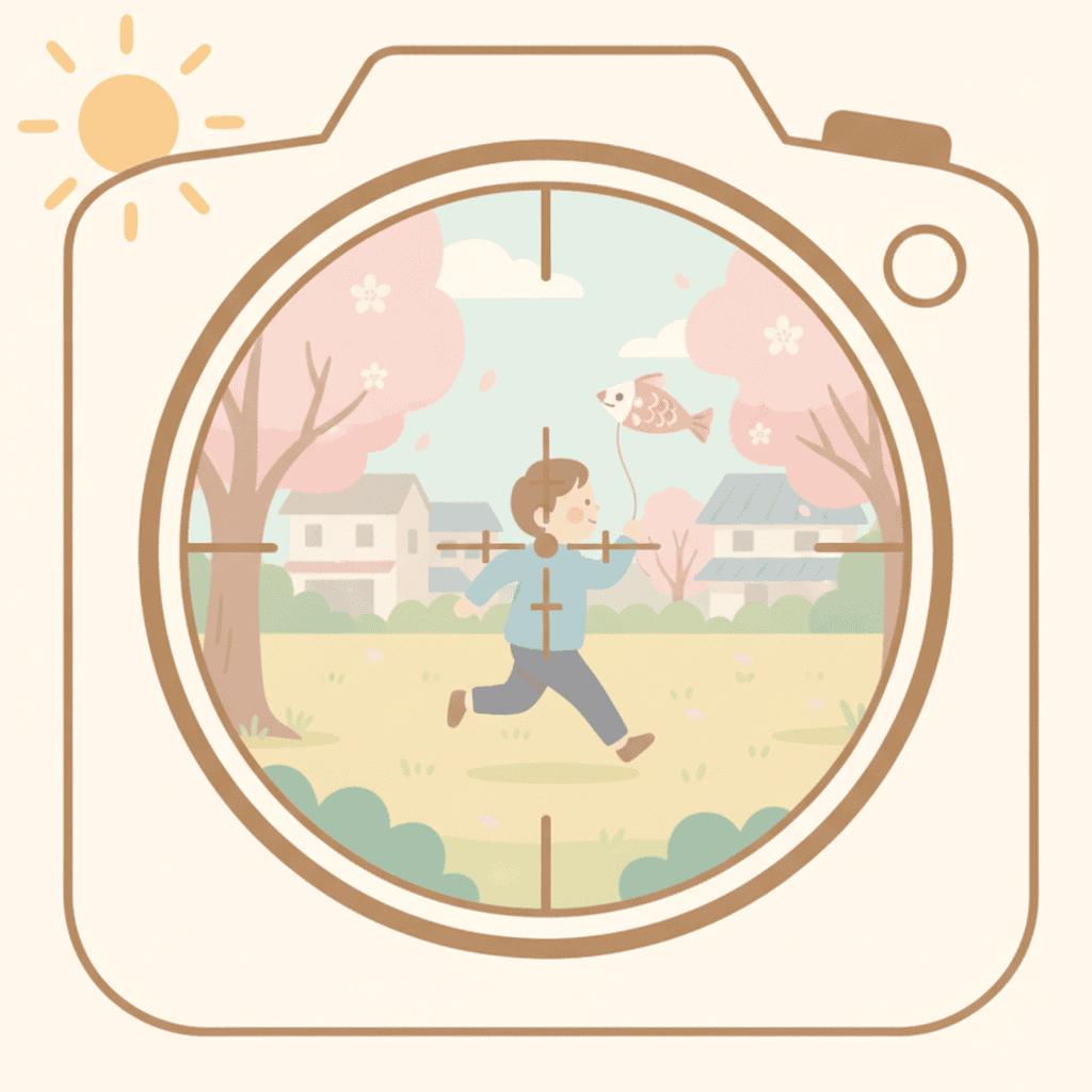 光学ズームで遠くの子どもを大きく捉えているカメラのファインダー越しのイメージイラスト